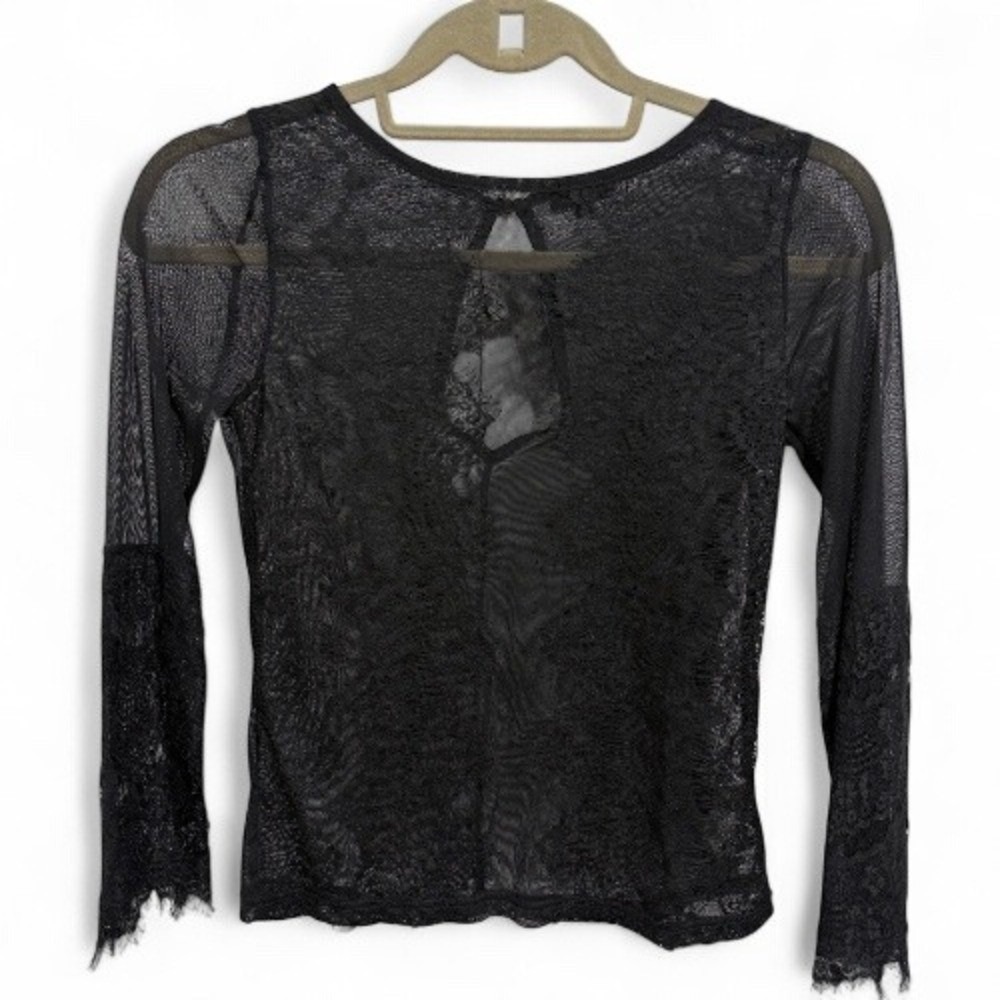 River Island Black Lace Mesh Top Long Sleeve Sheer Blouse US 4